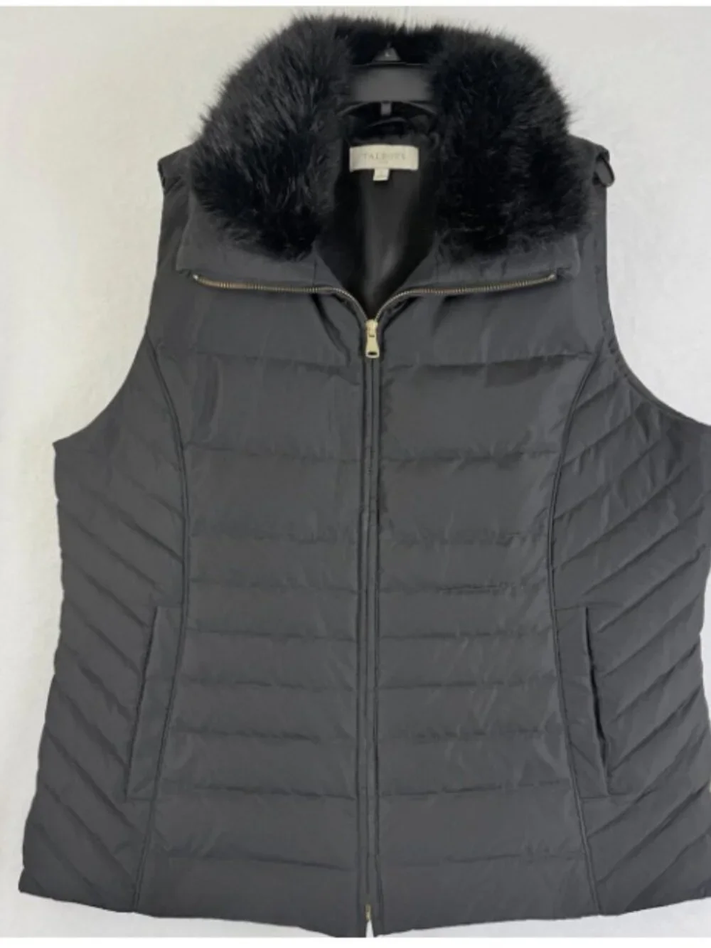 Talbots Down Puffer Vest Womens Size M  Black Faux Fur Collar Full Zip Quilted